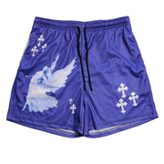Fresh Faith Designs Y2K Christian gym shorts in purple with angel and cross graphics