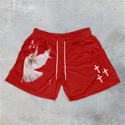 Fresh Faith Designs red Y2K Christian gym shorts featuring white crosses and angel graphic
