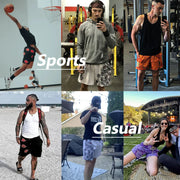 Collage of men and women wearing Y2K Christian gym shorts by Fresh Faith Designs in sports and casual settings
