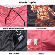 Close-up details of Y2K Christian gym shorts by Fresh Faith Designs showing elastic waist, vibrant color, side pockets, and stitching