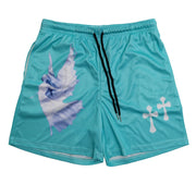 Fresh Faith Designs Y2K Christian gym shorts in turquoise with dove and cross graphics and black drawstring