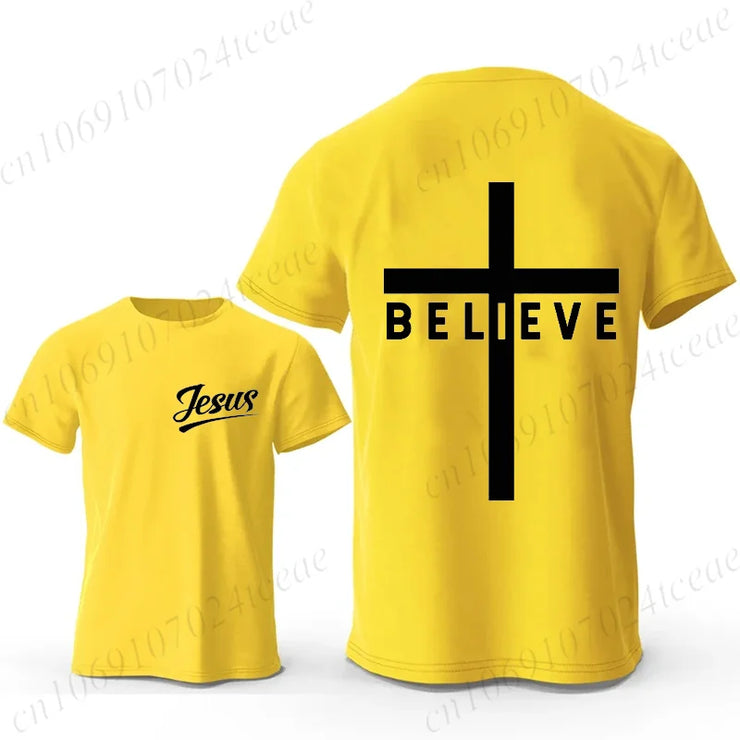 Yellow Christian casual wear for men t-shirt with Jesus text on front and believe cross design on back