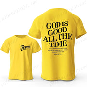 Yellow Christian casual wear for men t-shirt with Jesus front text and God is good all the time back design