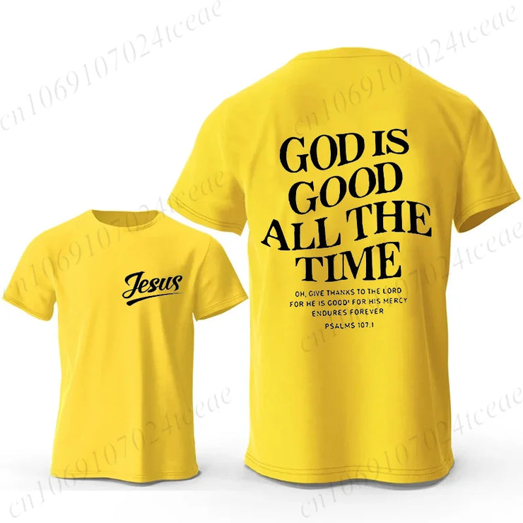 Yellow Christian casual wear for men t-shirt with Jesus front text and God is good all the time back design