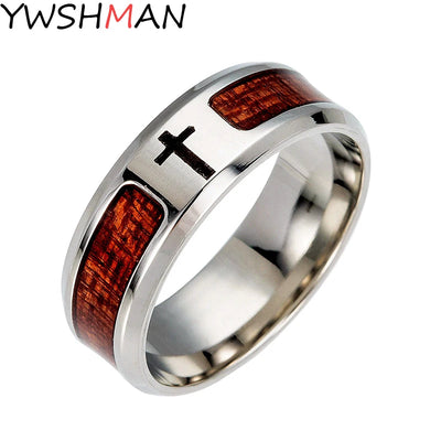 Men's Christian jewelry stainless steel ring with wooden inlays and cross design by Fresh Faith Designs